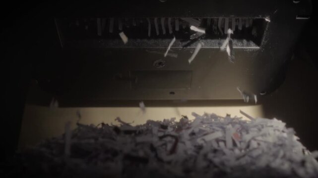Slow Motion Paper Shredder Cutting Documents from Below, Half-Full Basket, Hard Light, Soft Net Filter, Confidential Document Destruction, 4K Close-Up Video