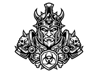Fototapeta premium Warrior King Emblem with Biohazard Symbol - Black and White Illustration