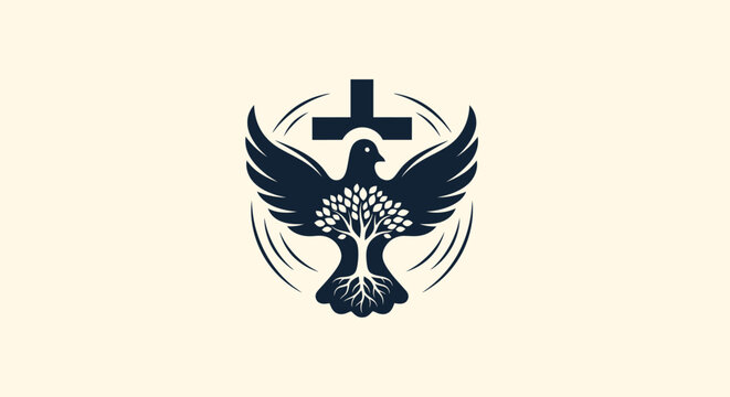 Christian religious logo design featuring a dove with a tree and cross.