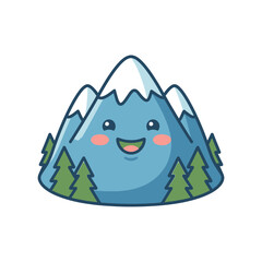 Obraz premium Adorable kawaii mountain character featuring a happy smiling face, rosy cheeks, and snow-capped peaks, surrounded by green pine trees on a white background.