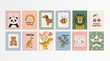 Fototapeta premium Child poster. Kid room decor. Cartoon trendy playful print with cute characters. Animals, quotes on templates for playroom, kindergarten classroom. Vector concept