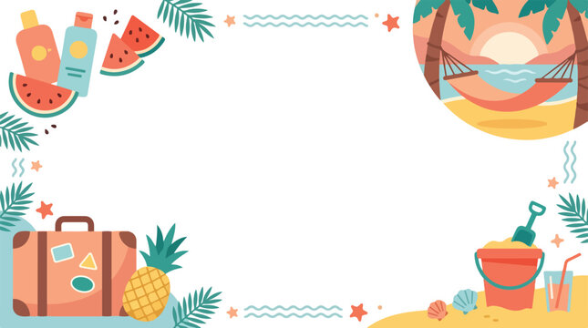A vibrant summer-themed vector illustration frame featuring beach icons like a sunset hammock, travel suitcase, pineapple, and sand bucket.