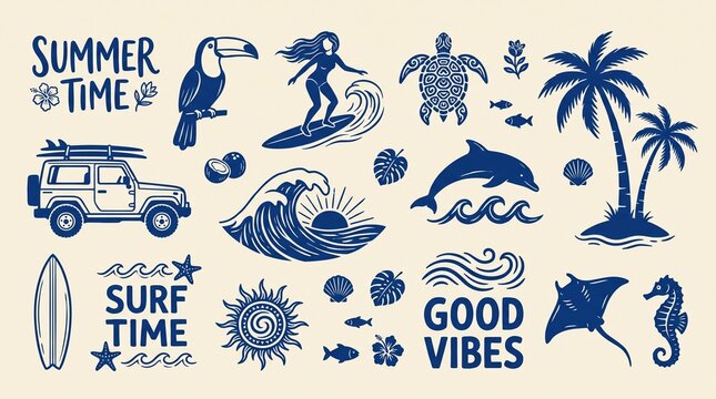 Hawaii summer elements. Tropical sea surf stickers. Vintage exotic beach shapes. Hand drawn palm, shell, turtle, sun, car, ocean wave, bird. Vector label set