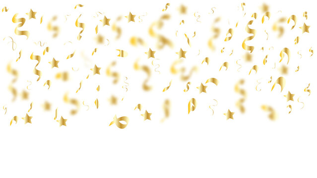 Falling golden confetti and shiny stars border isolated on white background