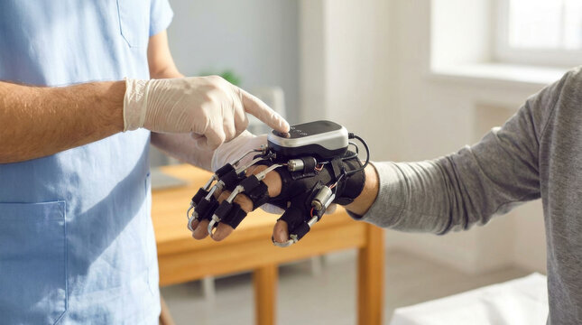 Robotic rehabilitation glove concept close up, medical therapy hand glove for patient recovery and assisted finger movement in clinic room