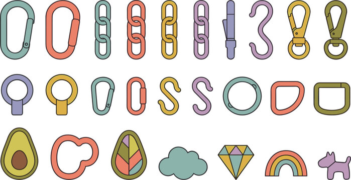 Colorful Carabiner Clip Chain and Hardware Hook Vector Element Set Featuring S Hooks Rings Keychains and Cute Charms for Aesthetic Accessory Graphic Designs