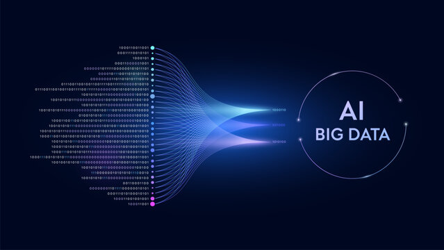 Futuristic AI big data processing concept. Glowing binary code flowing through digital funnel into data analytics dashboards analysis charts graphs. Agentic AI data technology information background.