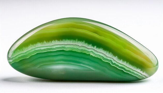 Studying Polished Green Moss Agate Stone Gemstone On White Background
