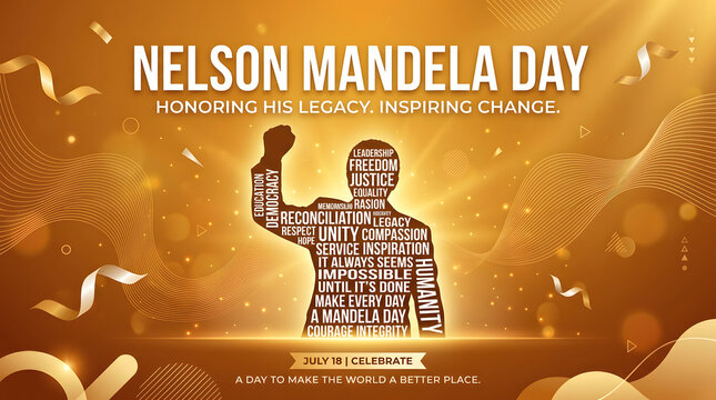 Golden nelson mandela day design with silhouette and motivational text overlay silhouette graphics