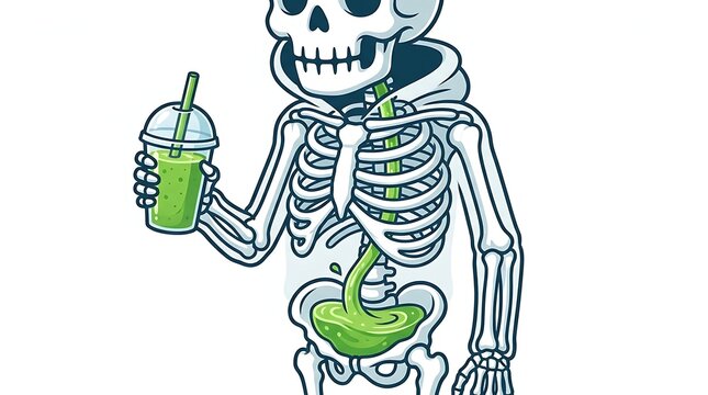 Cartoon skeleton drinking a green smoothie in a hoodie on white background