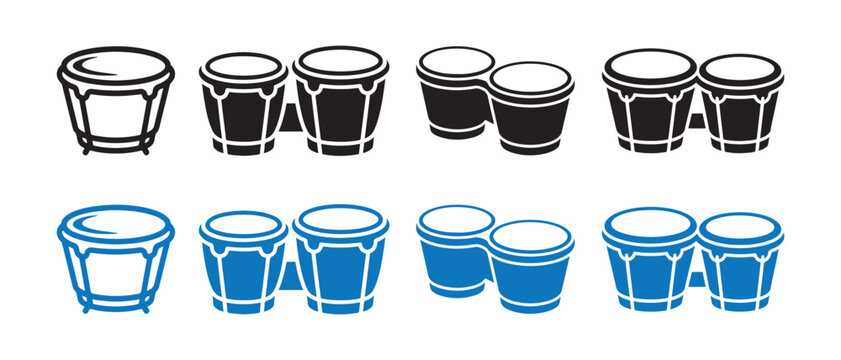 Bongo drum icon set. Percussion instrument symbols for music design and rhythm concepts.