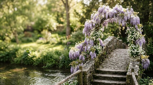 Decorative wisteria arch over stone bridge in a lush spring garden