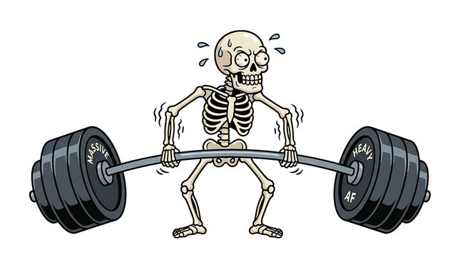 Cartoon skeleton lifting heavy barbell in a gym setting with funny mood