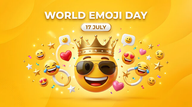 World emoji day poster design with smiling emojis and sunglasses on a yellow background, celebration