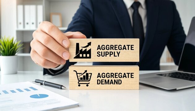 Businessman holding wooden blocks with aggregate supply and demand concepts on office desk with laptop and papers