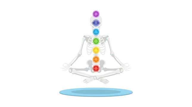 Meditating human skeleton with colorful chakra energy points in lotus pose