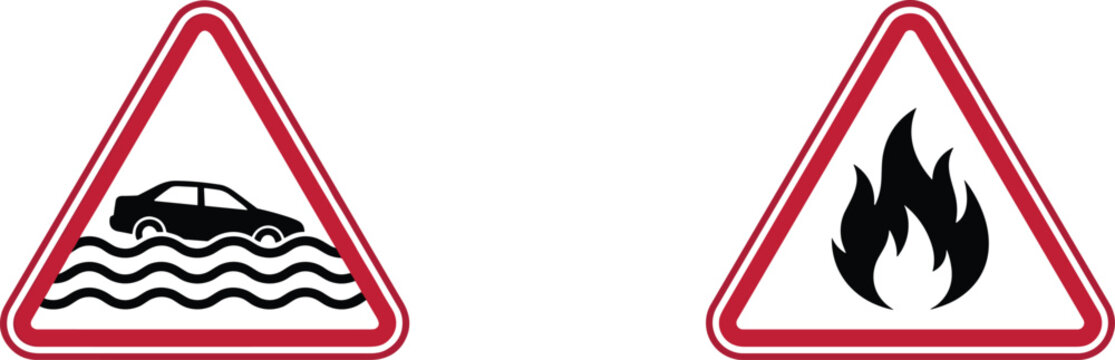 Natural Disaster Hazard Warning Sign Icon Set Featuring Red Triangular Traffic Borders with Submerged Car Flood Water Waves and Wildfire Flame Symbols
