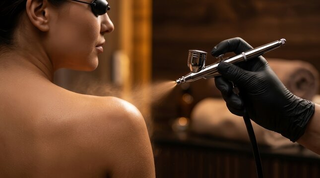 Professional spray tan bronzer application on skin using an airbrush tool.