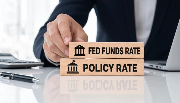 Businessman holding wooden blocks with fed funds rate and policy rate on desk with laptop and calculator in office