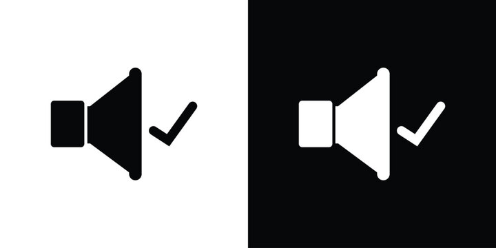 Sound enabled icon set. Black and white loudspeaker with a check mark symbol representing audio on, successful voice settings, volume active.