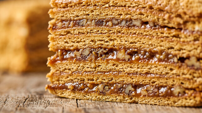 Traditional Marlenka honey cake cross section with layered biscuit and walnut caramel filling