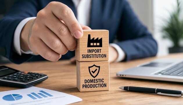 Businessman holding wooden blocks with import substitution and domestic production concepts on office desk with calculator laptop and papers