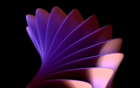 3D Dark Purple Rose Gold Fan Shell Abstract Sculpture Floating on Pure Black Background