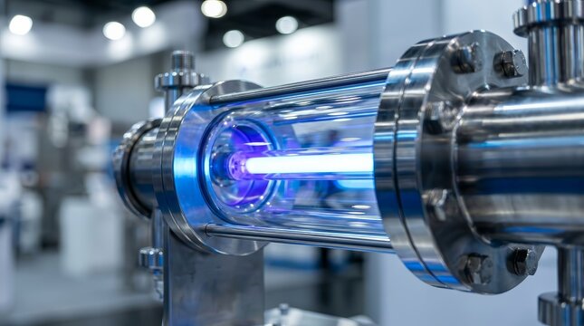 UV sterilization reactor for drinking water with a glowing blue germicidal lamp inside a stainless chamber.
