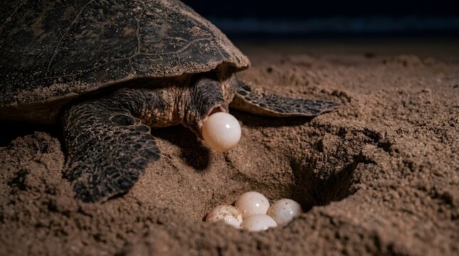 Close Up Of Marine Turtle Dropping Eggs In Sand Nest