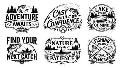 Set of vintage fishing adventure emblems and badges with typography featuring fish rods boats nature landscapes and nautical rope elements © Risfat