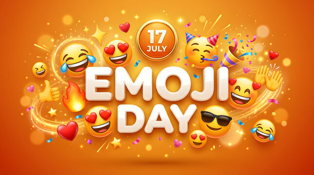 Emoji day celebration banner with 3D smiling emojis and july 17 calendar date celebration calendar