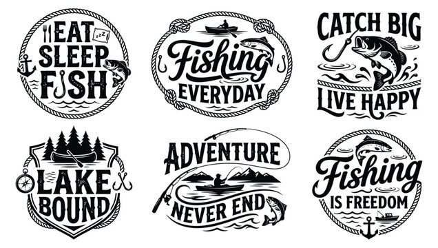Set of vintage fishing emblems and badges with typography and illustrations of fish boats and nautical elements for tshirt design