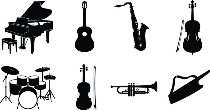 Set of musical instruments black silhouette icons isolated on white background