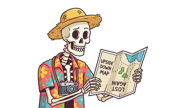 Skeleton tourist wearing a straw hat and floral shirt looking at a map in a humorous cartoon style