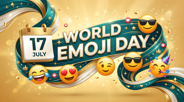 World emoji day festive banner with 17 july calendar and golden ribbon emojis calendar celebration