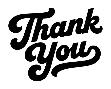 Thank you hand lettered design in a script style font with bold letters and a fancy swash