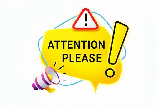 Attention please alert sign with exclamation mark and megaphone in yellow speech bubble