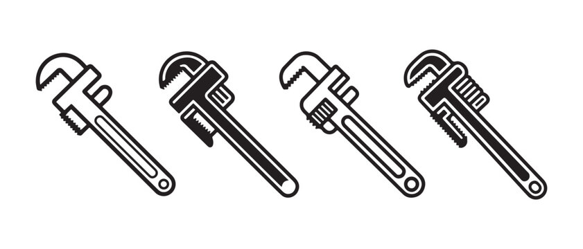 Pipe wrench icon set. Adjustable plumbing tool symbols for construction and home repair projects.