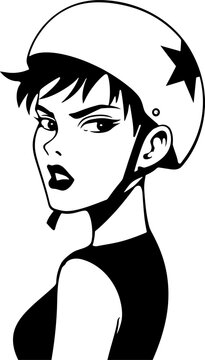 Roller derby girl portrait vector illustration, female skater woman wearing helmet with star looking over shoulder black and white graphic isolated on white background