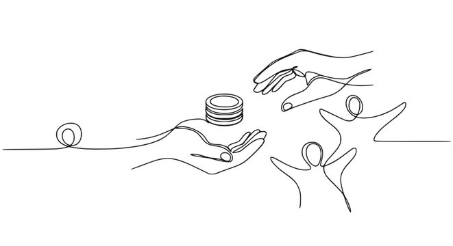 Charity donation, hands giving coins to thankful people, fundraising concept, one line art