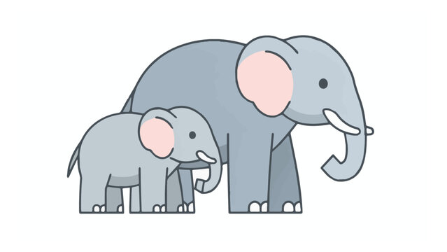 Cute gray elephants family with pink ears walking in nature colorful background decorative wildlife scene