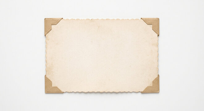 Vintage blank rectangular photograph with scalloped decorative edges held by brown paper corners isolated on a clean white background for your creative design projects and nostalgic memory framing dis