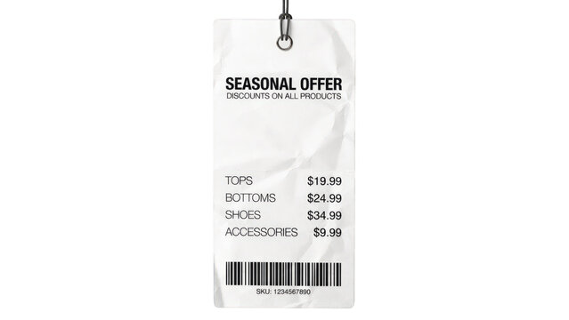 White clothing price tag with barcode isolated on transparent background