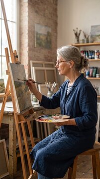 A senior woman with grey hair paints a landscape on canvas in her sunlit studio. She holds a palette and brush, focused on her work. Ideal for creative lifestyle and art education concepts.