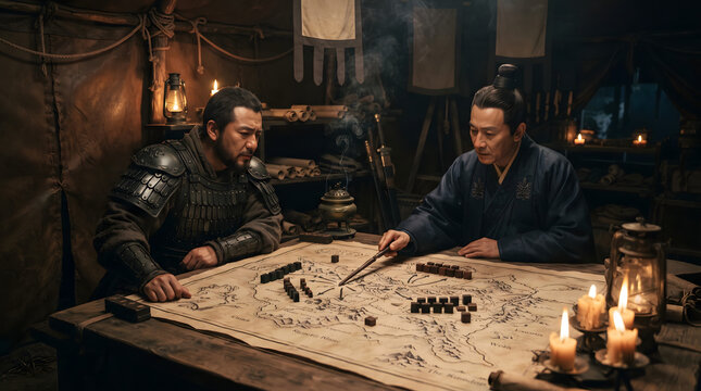 Two ancient Chinese military strategists in a dimly lit tent planning battle tactics on a large parchment map by candlelight