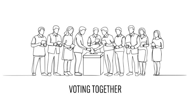Diverse people casting votes in election, democratic process, voting booth, civic duty, line illustration