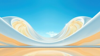 Fototapeta premium Abstract shapes form tunnel toward bright sky. Swirls suggest movement, warm tones contrast cool blue above. Smooth surfaces create futuristic feel.
