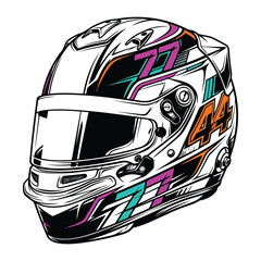 Fototapeta premium Modern Motorsports Racing Helmet Vector Graphic Design with Sporty Purple and Orange Decals