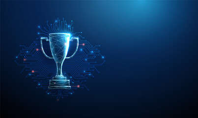 3D blue sport cup with circuit lines. Esports victory, digital championship, winner achievement, cyber competition, gaming triumph, technology innovation concept © Елена Бутусова