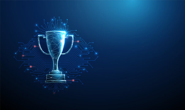 3D blue sport cup with circuit lines. Esports victory, digital championship, winner achievement, cyber competition, gaming triumph, technology innovation concept